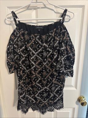 Warehouse Black Printed Cold-Shoulder Tunic with Lace Trim